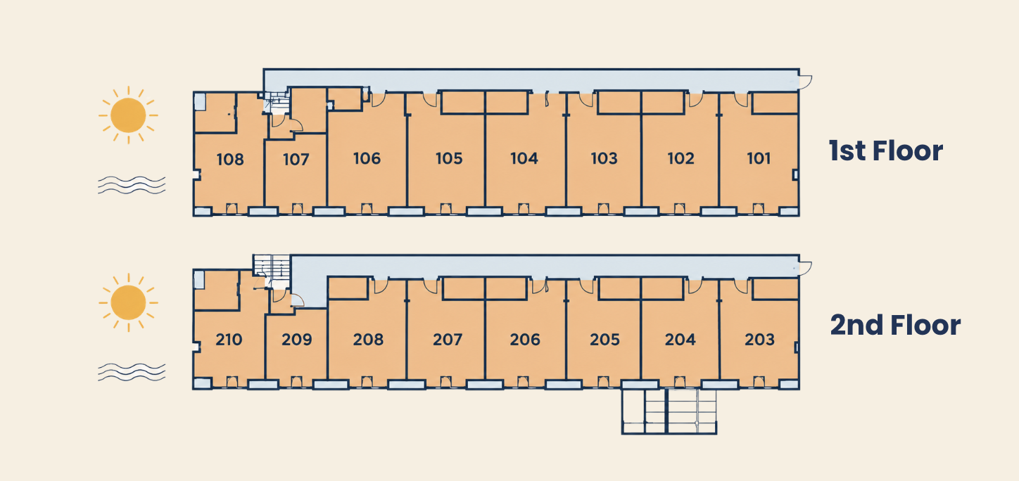 Hotel floor plan showing 1st floor rooms 101 to 108 and 2nd floor rooms 203 to 210